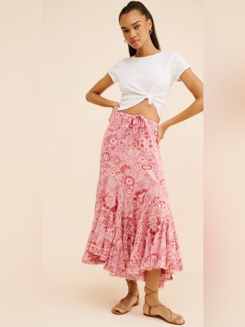 New! Free People CALISTA PRINTED MAXI SKIRT RED PINK RUFFLE DRAWSTRING BILLOWY S